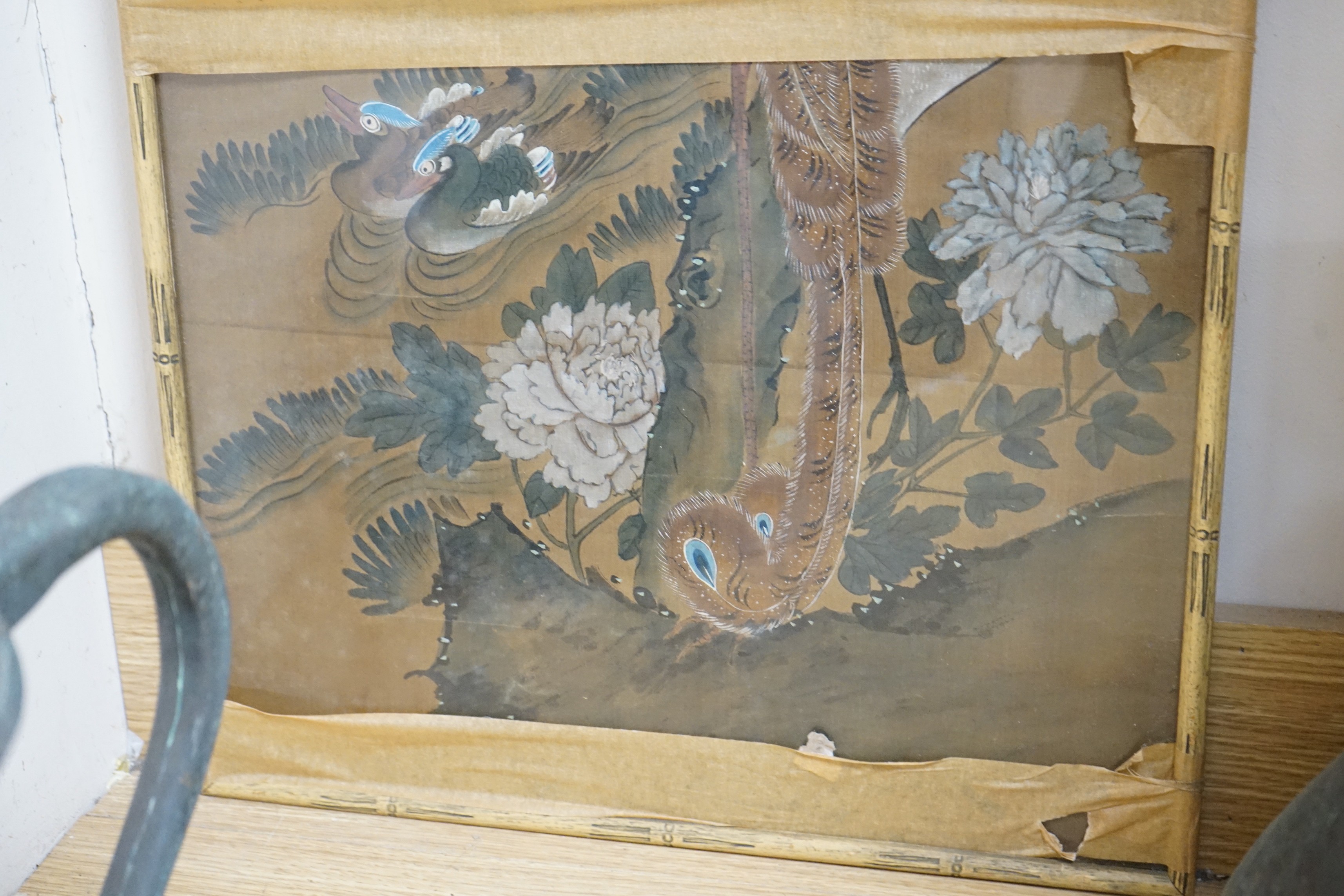 Japanese School, 19th century, painting on silk of birds amid foliage, height 76cm, width 44.5cm.